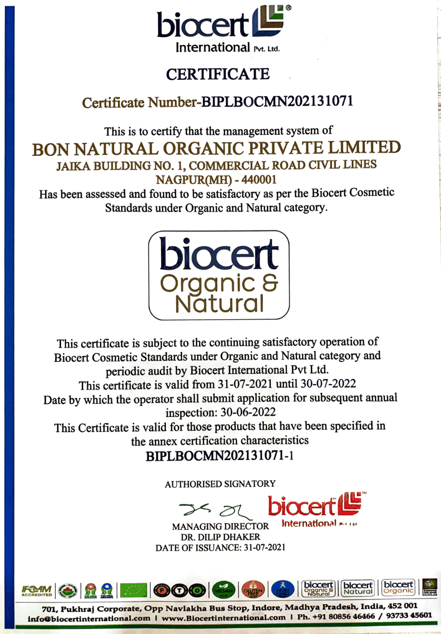 BioCert Organic & Natural certificate