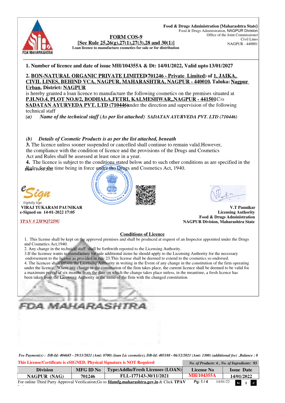 FDA Licensed certificate