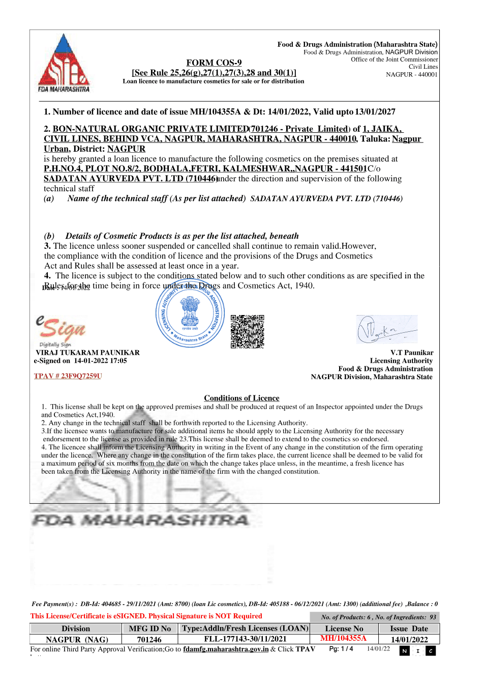 FDA Licensed certificate