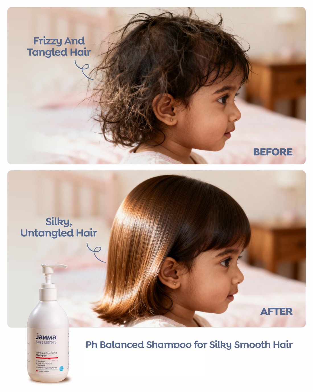 Before and after — frizzy, tangled hair becomes silky and untangled after using Janma Shampoo.