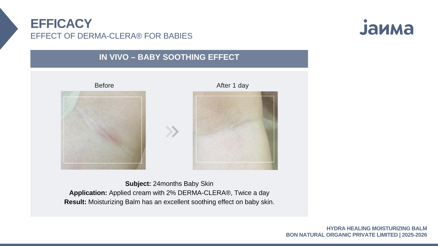 Soothing effect · 24-month-old · balm with 2% DERMA-CLERA® · 1 day.