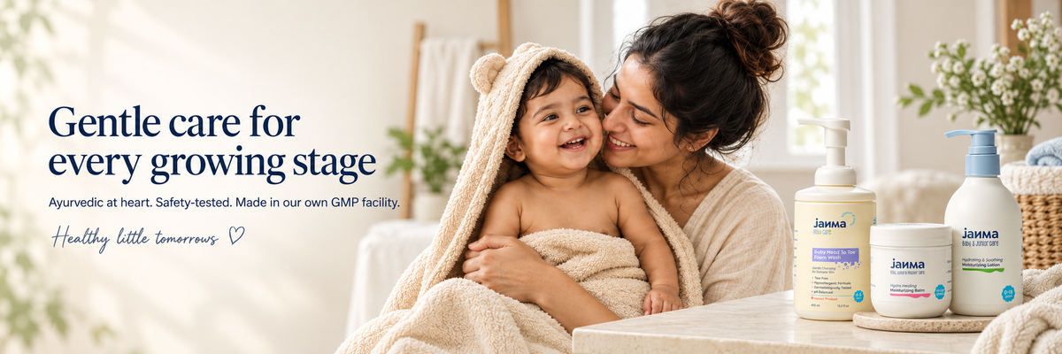 Gentle care for every growing stage — Janma Head to Toe Foam Wash, Hydra Healing Balm and Moisturizing Lotion, with a mother and baby after a bath