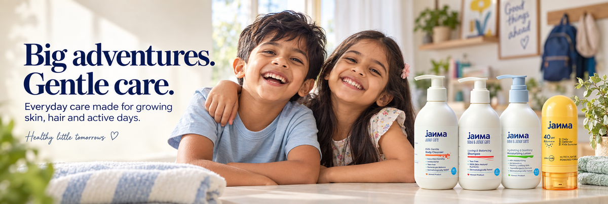 Janma junior range — body cleanser, shampoo, lotion and Daily Defender sunscreen, with two children