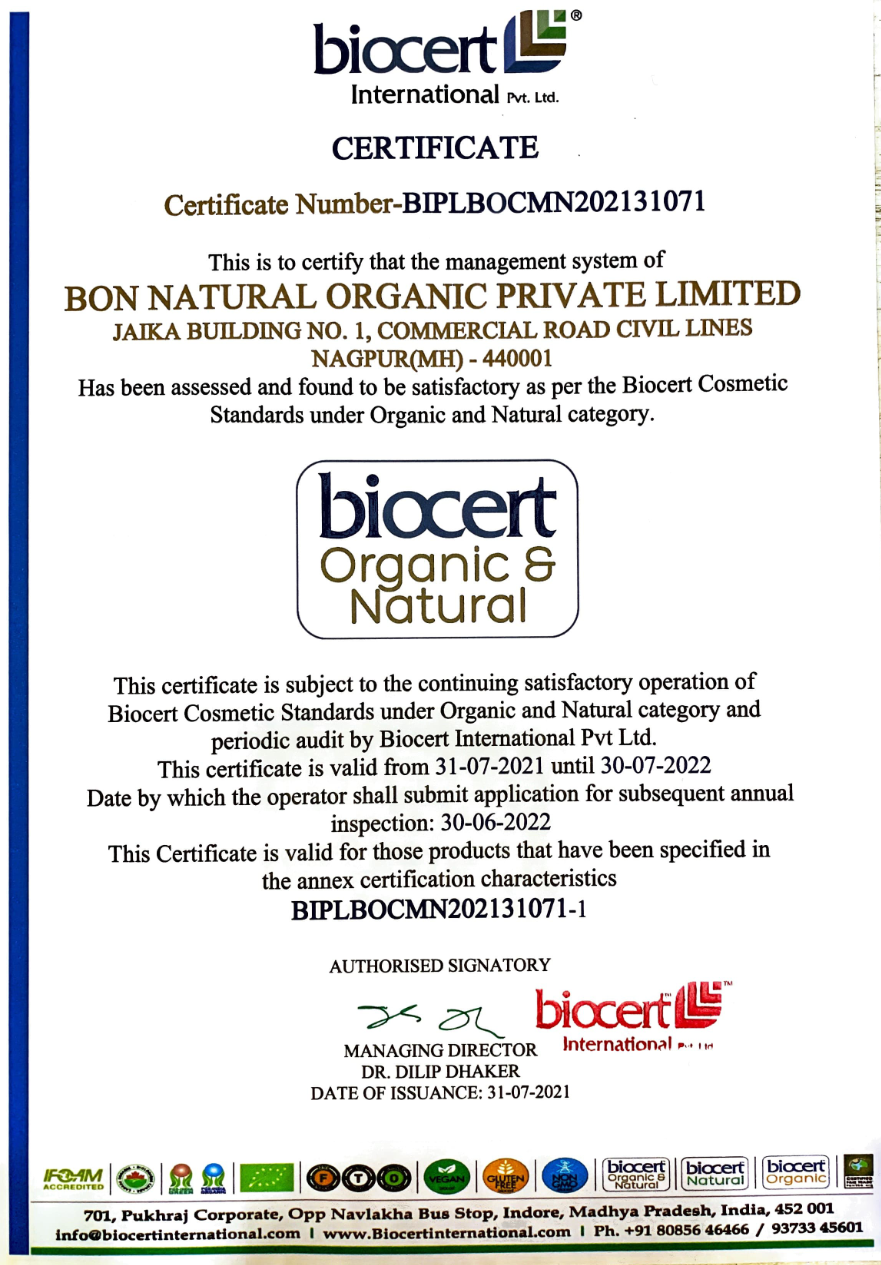 BioCert Organic & Natural certificate