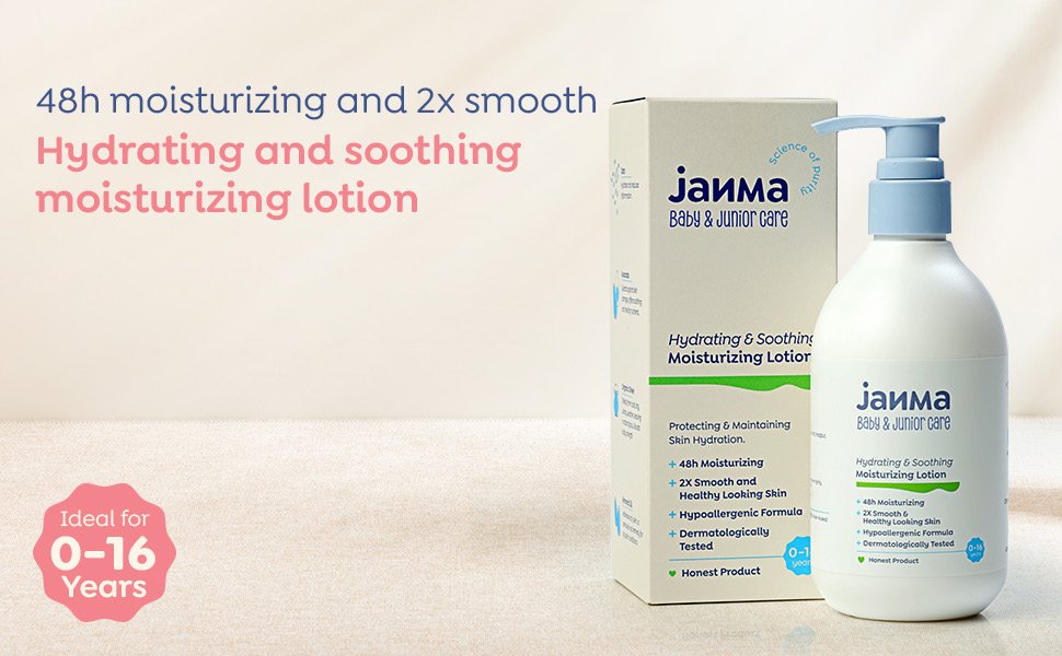 Janma Hydrating & Soothing Moisturizing Lotion — 48h moisturizing, 2x smooth, ideal for 0–16 years