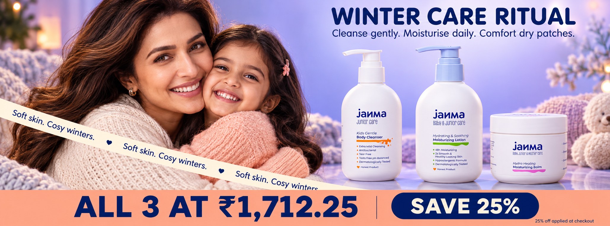 Winter Care Ritual — cleanse gently, moisturise daily, comfort dry patches. All 3 at Rs. 1,712.25, save 25%.